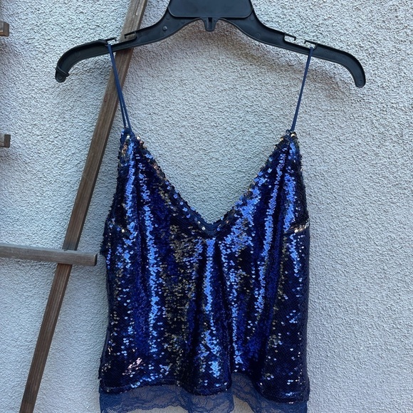 Free People Swinging Sequins Lace Trim Tank In Midnight - Picture 3 of 10